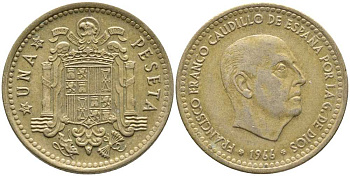 ИСПАНИЯ 1 ПЕСЕТА 1966 (70) ФРАНСИСКО ФРАНКО ДИКТАТОР ИСПАНИИ (1939-1975) KM 796 алюминиевая бронза 110-1242