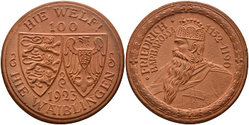 Вайблинген-Нойштадт медаль 1923 герб, Фридрих Барбаросса (1152-1190), нотгельд, светло-коричневая  фарфор    02-203-15