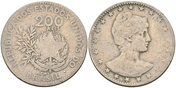 Бразилия 200 рейс 1901 голова свободы вправо KM 504 медно-никель 4589-1043