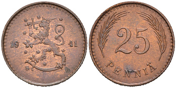 ФИНЛЯНДИЯ 25 ПЕННИ 1941 S KM 25а медь 192-1163