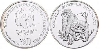 ЕВРОПА МЕДАЛЬ 1986 30 ЛЕТ WWF, ГОРИЛА, GORILLA BERINGEI серебро PROOF 00-00
