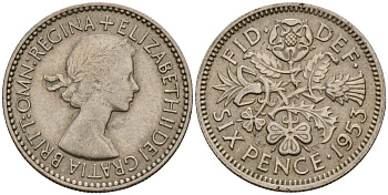 Великобритания 6 пенсов 1953 Елизавета II (1952-2022) KM 889, Spink 4141 медно-никель 4189-842