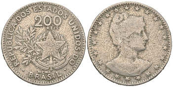 Бразилия 200 реалов 1901 MCMI, голова свободы вправо KM 504 медно-никель 4612-254