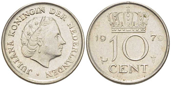 НИДЕРЛАНДЫ 10 ЦЕНТОВ 1979 ЮЛИАНА (1948-1980) KM 182 никель 211-1246