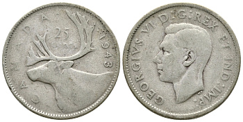 Канада 25 центов 1943 Георг VI (1936-1952), олень KM 35 серебро 93-116