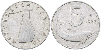 Италия 5 лир 1953 R, дельфин, плуг KM 92 алюминий 31-1034