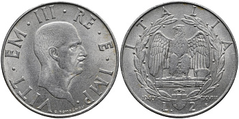 Италия 2 лиры 1940 VIII год, Виктор Эммануил III (1900-1946), магнитная KM 78b нержавеющая сталь 4162-241