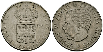 Швеция 1 крона 1969 Густав VI Адольф (1950-1973) KM 826a медь плакированная медно-никелем 4177-1024