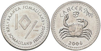 Сомалиленд 10 шиллингов 2006 знаки зодиака - рак KM 12 нержавеющая сталь UNC 4574-926