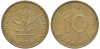 ФРГ 10 пфеннигов 1989 D KM 108, J. 383 сталь плакированная латунью 4132-557