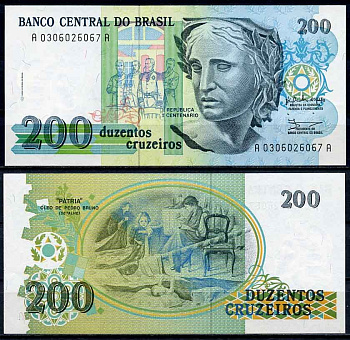 Бразилия 200 новых крузадо 1989 серия A 0306, скульптура Республики Pick 229 бумага UNC (пресс) 2196-36-1-2