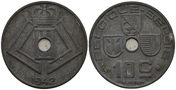 Бельгия 10 сантимов 1942 Belgique - Belgie, Леопольд III (1934-1947), германская оккупация, Вторая мировая война KM 125 цинк 44-1165