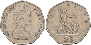 Великобритания 50 пенсов 1969 Елизавета II (1952-2022) KM 913, Spink 4223 (H1) медно-никель    59-224
