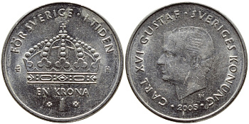 Швеция 1 крона 2005 Карл XVI Густав (1973- ) KM 894 медно-никель 4681-613