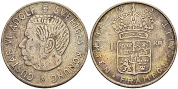 Швеция 1 крона 1952 TS, Густав VI Адольф (1950-1973) KM 826 серебро 183-1244
