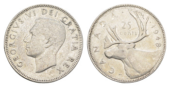 Канада 25 центов 1948 Георг VI (1936-1952), олень KM 44 серебро 4652-727