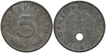 Германия 5 рейхспфеннигов 1942 A, монетный двор Берлин KM 100, J. 370 цинк 186-812