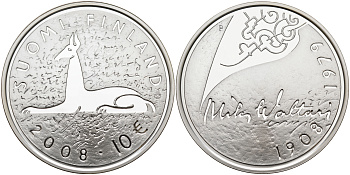Финляндия 10 евро 2008 Мика Валтари, писатель KM 142 серебро  PROOF 11-114-22