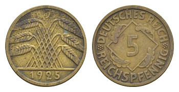 Германия 5 рейхспфеннигов 1925 J KM 39, J. 316 алюминиевая бронза 4636-733