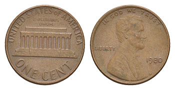 США 1 цент 1980 Авраам Линкольн KM 201 медь цинк 4649-1242