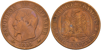 Франция 5 сантимов 1855 K, Наполеон III (1852-1870) KM 777.5, LE FRANC 116.25 бронза 4116-436