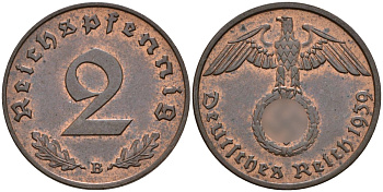 Германия 2 рейхспфеннига 1939 B KM 90, J. 362 бронза 4151-141