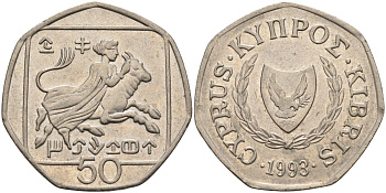 Кипр 50 центов 1993 похищение Европы KM 66 медно-никель 4141-1231