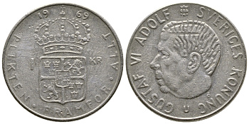 Швеция 1 крона 1969 Густав VI Адольф (1950-1973) KM 826a медь плакированная медно-никелем 91-222