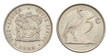 ЮАР 5 центов 1988 герб, райский журавль KM 84 никель 4621-313