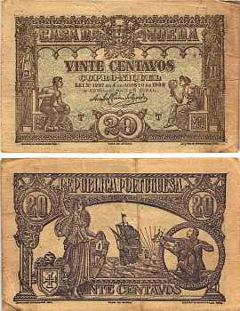 ПОРТУГАЛИЯ 20 СЕНТАВО 1922 4 АВГУСТА 1922 Pick 100 бумага VF 8606-29-3-2