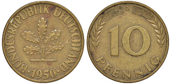 ФРГ 10 пфеннигов 1950 D KM 108, J. 383 сталь плакированная латунью 4132-525