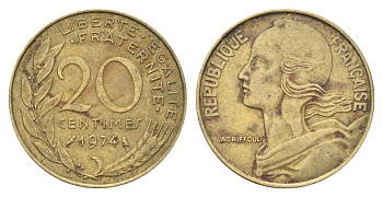 Франция 20 сантимов 1974 KM 930 алюминиевая бронза 4704-343