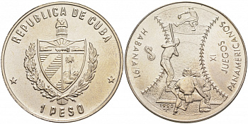 Куба 1 песо 1990 11-е панамериканские игры в Гаване в 1991 году, бейсбол KM 312 медно-никель UNC 1526-924 M16-2