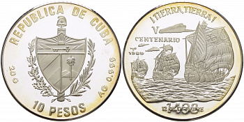 КУБА 10 ПЕСО 1989 500 ЛЕТ ОТКРЫТИЮ АМЕРИКИ,ТРИ ПАРУСНИКА В МОРЕ, КОРАБЛИ КОЛУМБА, ТИРАЖ 3145 ЭКЗ. KM 238 серебро PROOF 1074-6-31