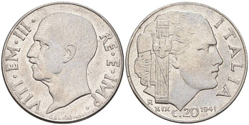 ИТАЛИЯ 20 ЧЕНТЕЗИМО 1941 R, ГОД XIX, ВИКТОР ЭММАНУИЛ III (1900-1946) KM 75b, VEM3. 1028 нержавеющая сталь 3853-922