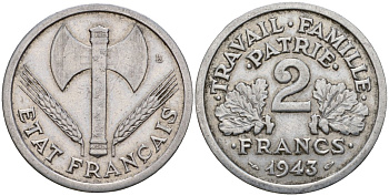 Франция 2 франка 1943 правительство Виши KM 904 алюминий 4599-334