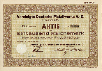 Германия 1000 рейхсмарок 1934 АО Объединенные немецкие металлургические заводы, акция   бумага   8803-34-1