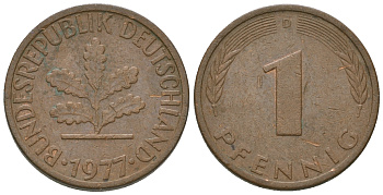 ФРГ 1 пфенниг 1977 D KM105, J.380 сталь плакированная медью 4651-1112