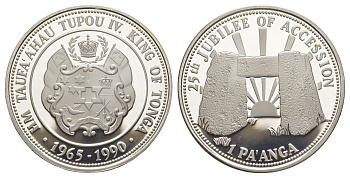 Тонга 1 паанга 1990 25-я годовщина вступления на престол Тупоу IV KM 175 серебро PROOF 1091-7-11