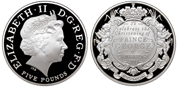 Великобритания 5 фунтов 2013 Елизавета II (1952-2022), Крещение Принца Джорджа Кембриджского, тираж 12500 экземпляров, в оригинальной коробке, с сертификатом KM 1259, Spink L27 серебро  PROOF  4-3-3-01