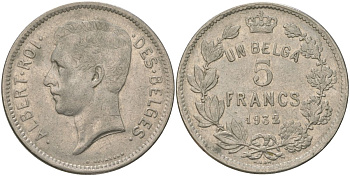 Бельгия 5 франков 1932 Belges, Альберт I (1909-1934) KM 97 никель 4157-1132