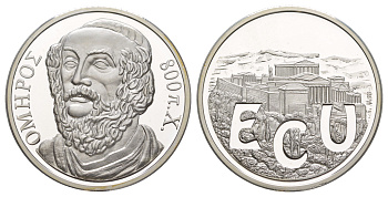 Греция 1 экю ND (1993) Гомер, с сертификатом подлинности X 44 серебро PROOF 1083-5-41