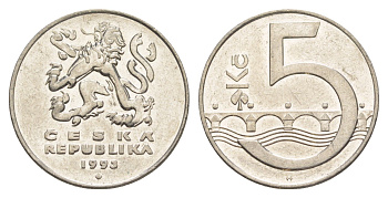 Чехия 5 крон 1993 чешский лев, Карлов мост KM 8 сталь плакированная никелем 4529-623