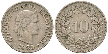 Швейцария 10 раппенов 1920 B KM 27 медно-никель 4169-1116