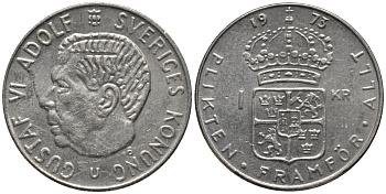 Швеция 1 крона 1973 Густав VI Адольф (1950-1973) KM 826а медь плакированная медно-никелем 4577-817