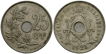 Бельгия 25 сантимов 1921 Belgique KM 68 медно-никель 4168-1225