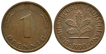 ФРГ 1 ПФЕННИГ 1990 J KM 105, J.380 сталь плакированная медью 179-1015
