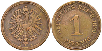 ГЕРМАНИЯ 1 ПФЕННИГ 1889 A, СТАРОГЕРБОВКА KM 1, J. 1, Weege 1 медь 206-1262