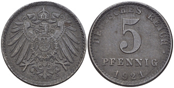 Германия 5 пфеннигов 1921 A KM 19, J. 297, Weege 5 железо 100-324