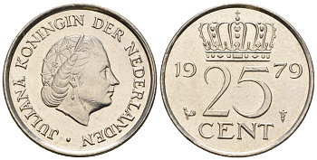 Нидерланды 25 центов 1979 Юлиана (1949-1980) KM 183 никель UNC 220-547